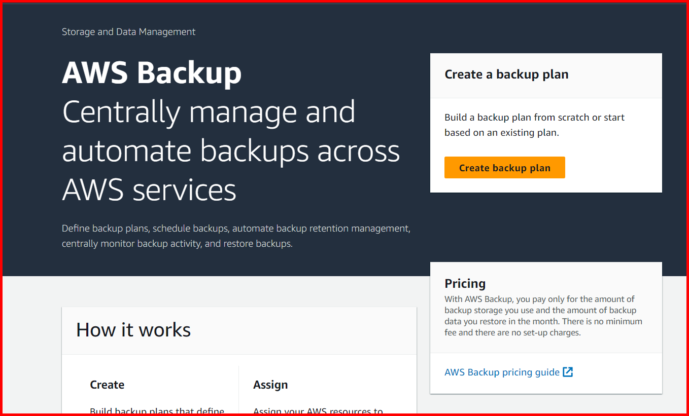 Picture showing the Create Backup plan button for creating the new backup plan